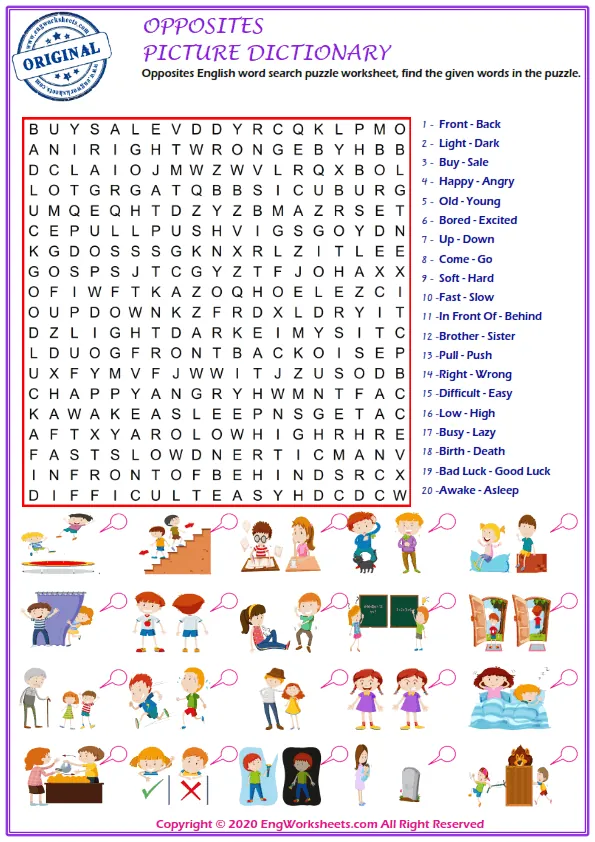 Opposites English word search puzzle worksheet, find the given words in the puzzle. Worksheet Preview
