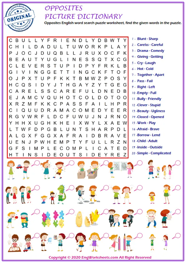 Opposites English word search puzzle worksheet, find the given words in the puzzle. Worksheet Preview