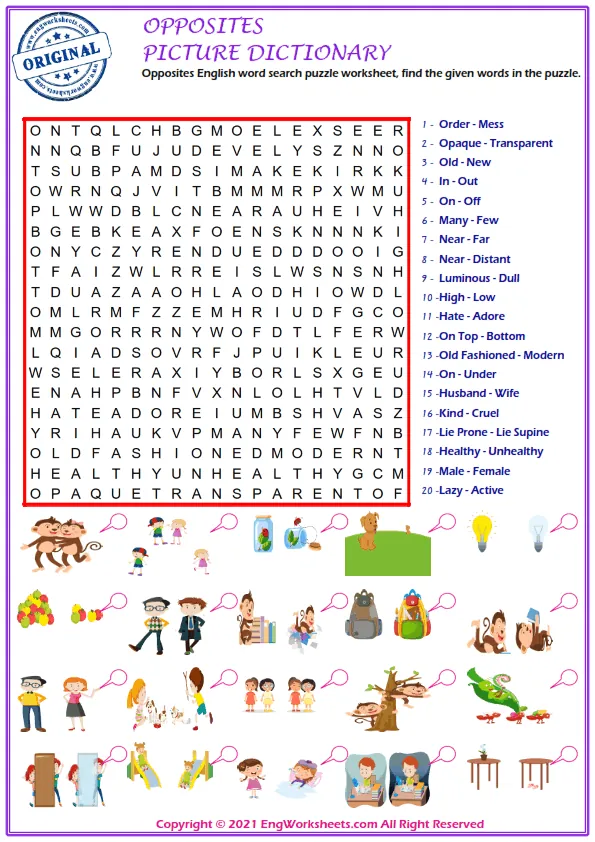 Opposites English word search puzzle worksheet, find the given words in the puzzle. Worksheet Preview