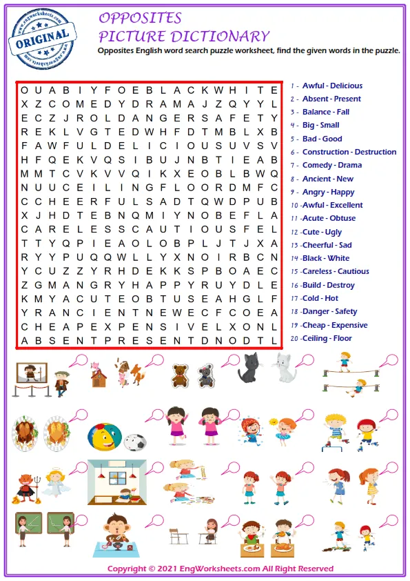Opposites English word search puzzle worksheet, find the given words in the puzzle.