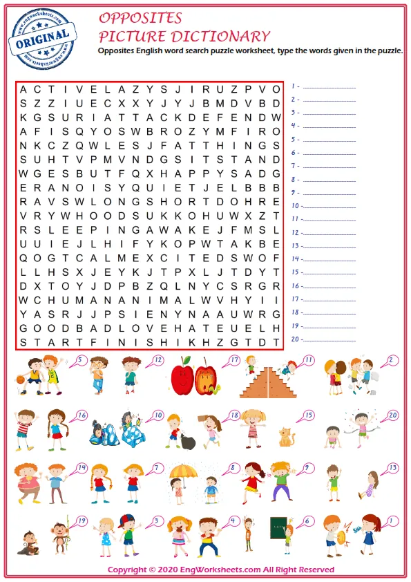 Opposites English word search puzzle worksheet, type the words given in the puzzle.