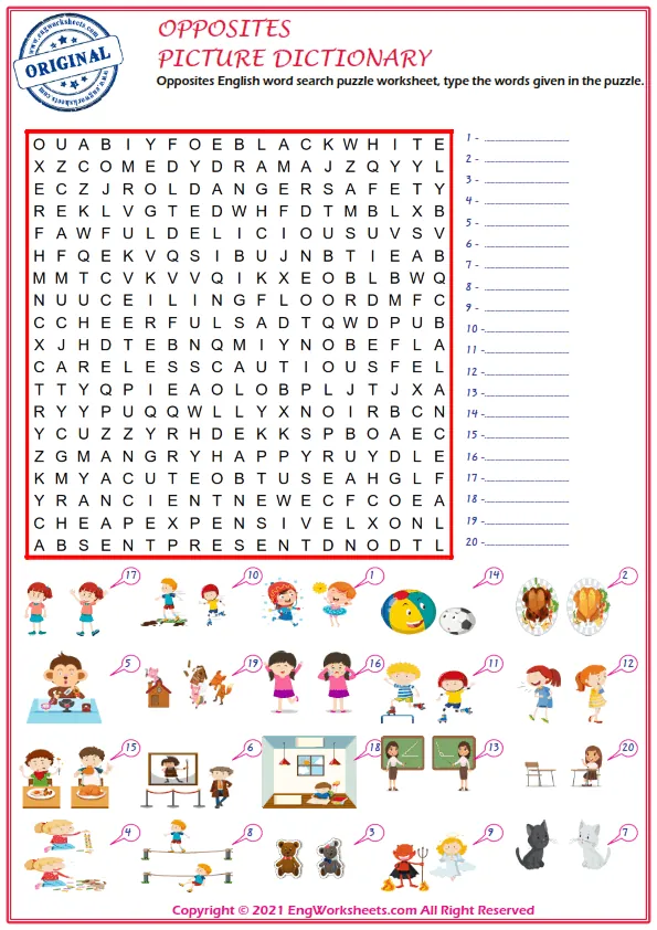 Opposites English word search puzzle worksheet, type the words given in the puzzle.