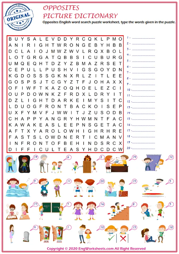Opposites English word search puzzle worksheet, type the words given in the puzzle.