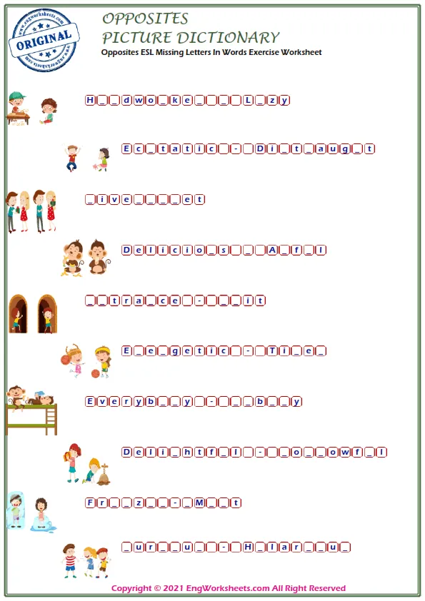 Opposites ESL Missing Letters In Words Exercise Worksheet Worksheet Preview