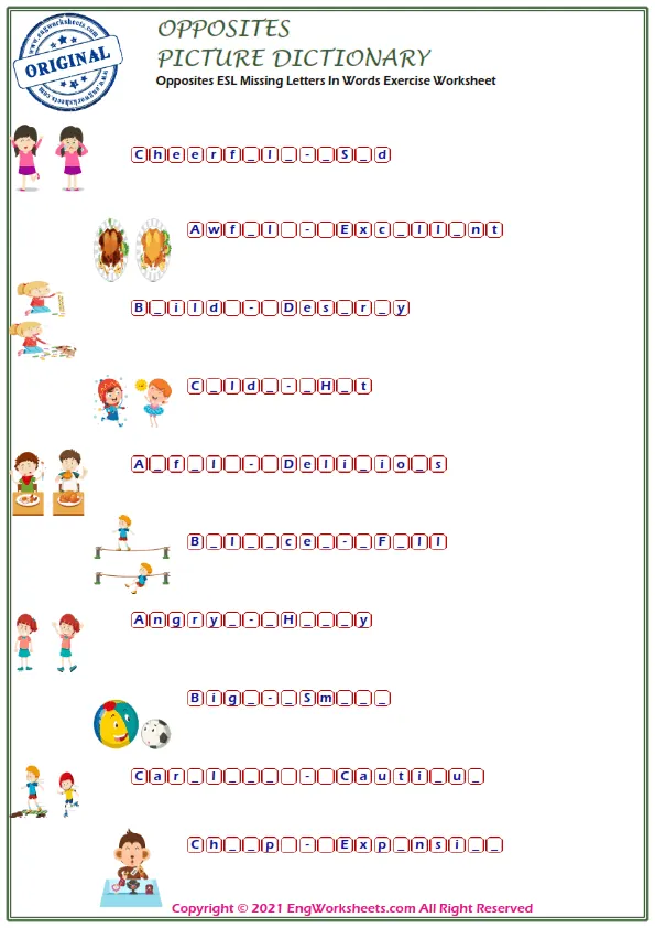 Opposites ESL Missing Letters In Words Exercise Worksheet