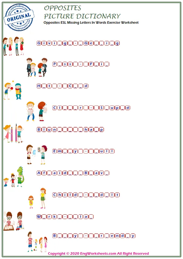 Opposites ESL Missing Letters In Words Exercise Worksheet Worksheet Preview