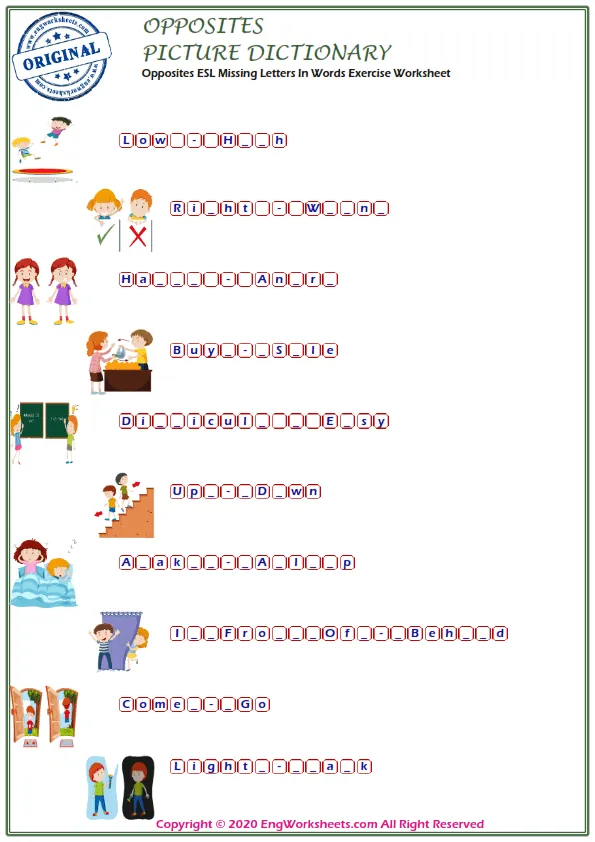 Opposites ESL Missing Letters In Words Exercise Worksheet Worksheet Preview