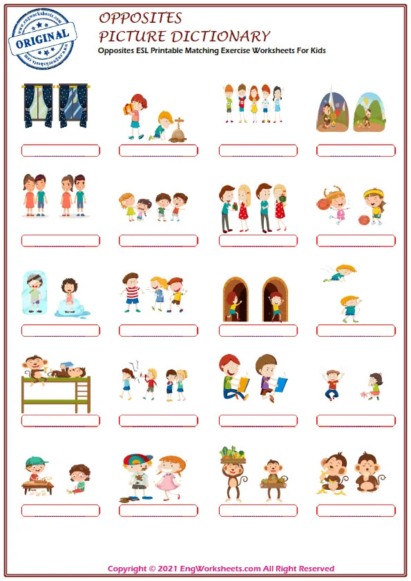 Opposites ESL Printable Matching Exercise Worksheets For Kids Worksheet Preview