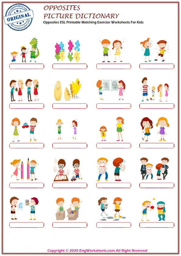 Opposites ESL Printable Matching Exercise Worksheets For Kids Worksheet Preview