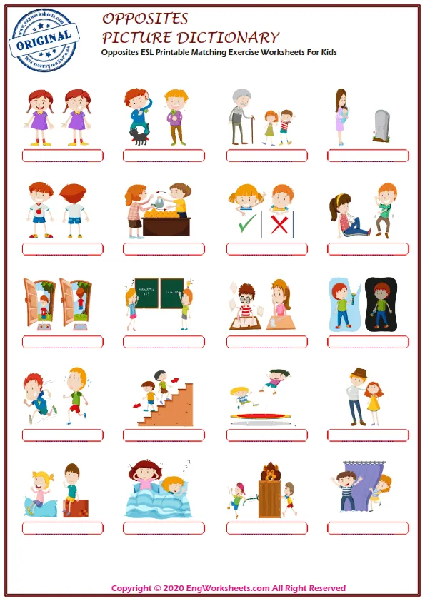 Opposites ESL Printable Matching Exercise Worksheets For Kids Worksheet Preview