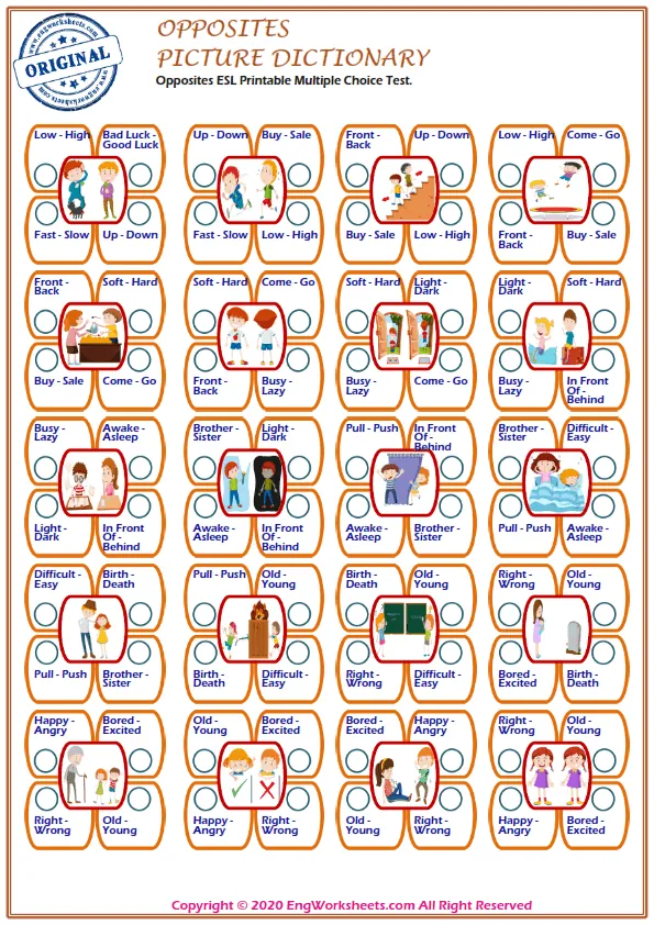 Opposites ESL Printable Multiple Choice Test.