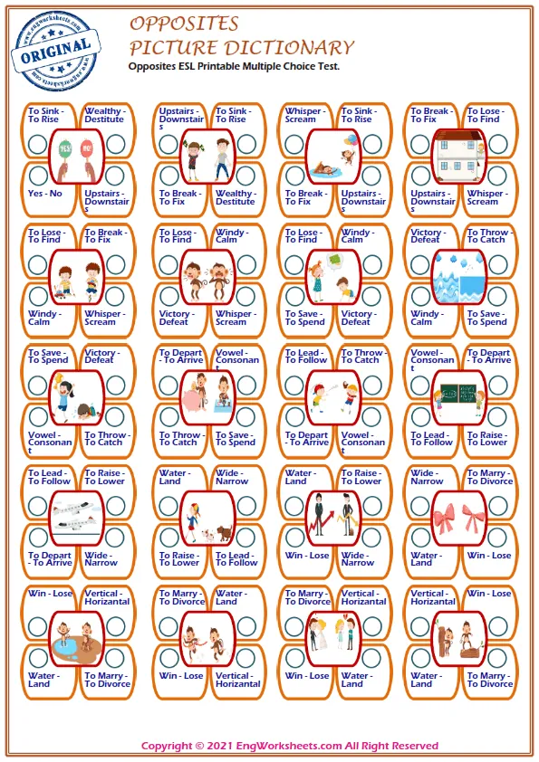 Opposites ESL Printable Multiple Choice Test.