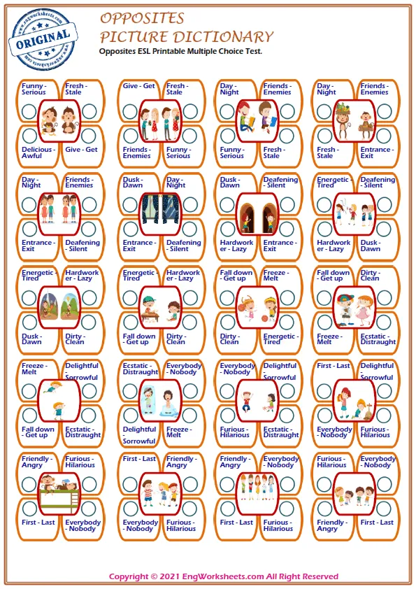 Opposites ESL Printable Multiple Choice Test. Worksheet Preview