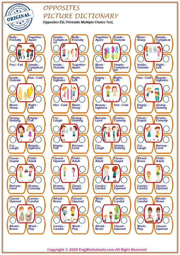 Opposites ESL Printable Multiple Choice Test. Worksheet Preview