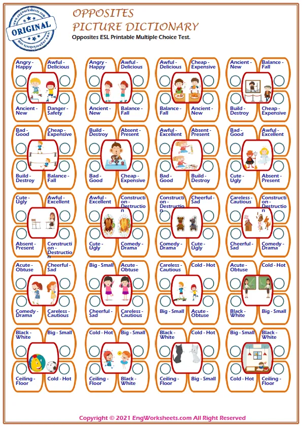 Opposites ESL Printable Multiple Choice Test.