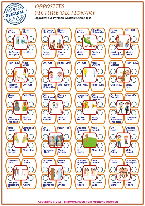 Opposites ESL Printable Multiple Choice Test. Worksheet Preview