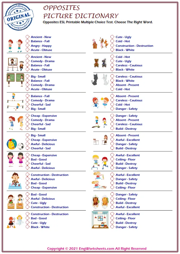 Opposites ESL Printable Multiple Choice Test. Choose The Right Word.