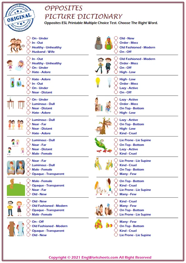 Opposites ESL Printable Multiple Choice Test. Choose The Right Word. Worksheet Preview