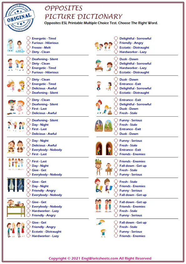 Opposites ESL Printable Multiple Choice Test. Choose The Right Word. Worksheet Preview