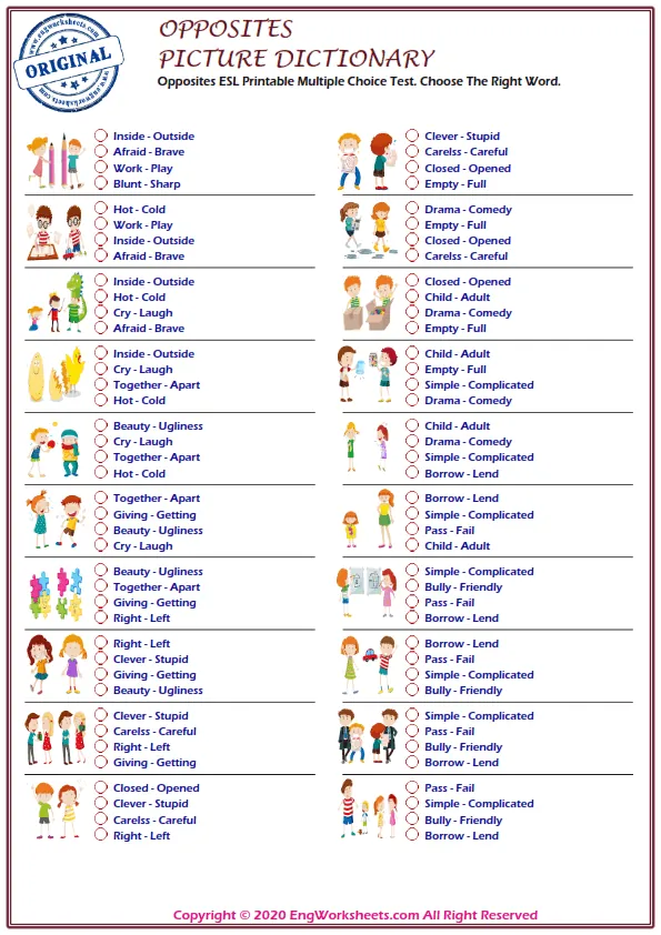 Opposites ESL Printable Multiple Choice Test. Choose The Right Word. Worksheet Preview
