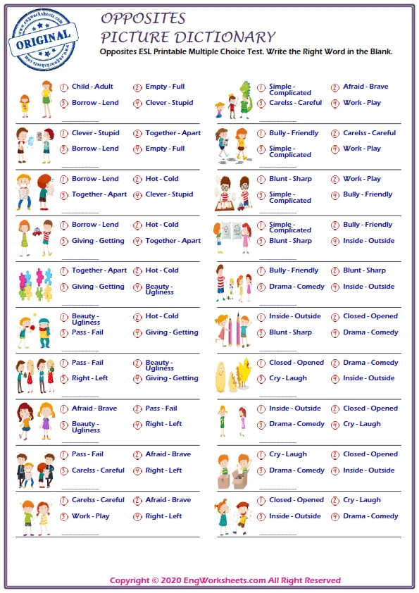 Opposites ESL Printable Multiple Choice Test. Write the Right Word in the Blank. Worksheet Preview