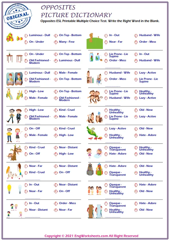 Opposites ESL Printable Multiple Choice Test. Write the Right Word in the Blank. Worksheet Preview