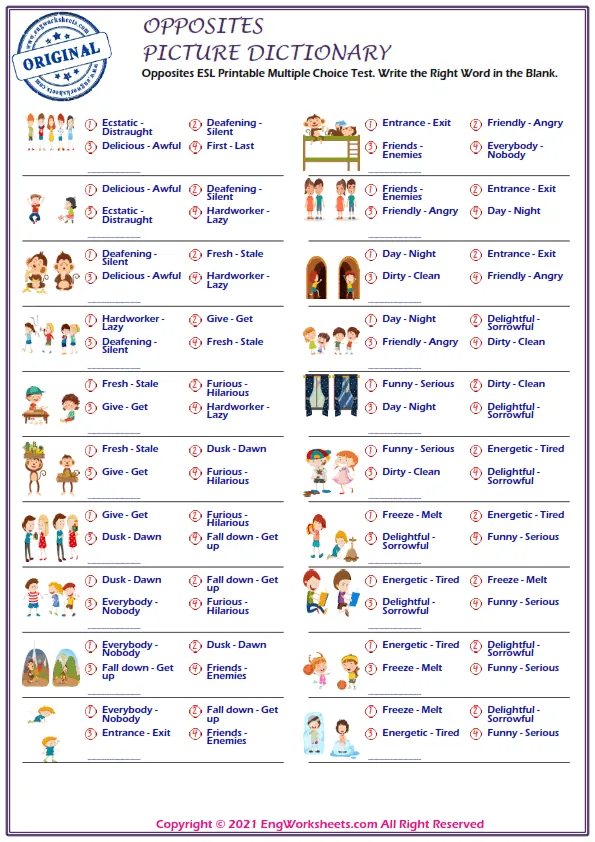 Opposites ESL Printable Multiple Choice Test. Write the Right Word in the Blank.