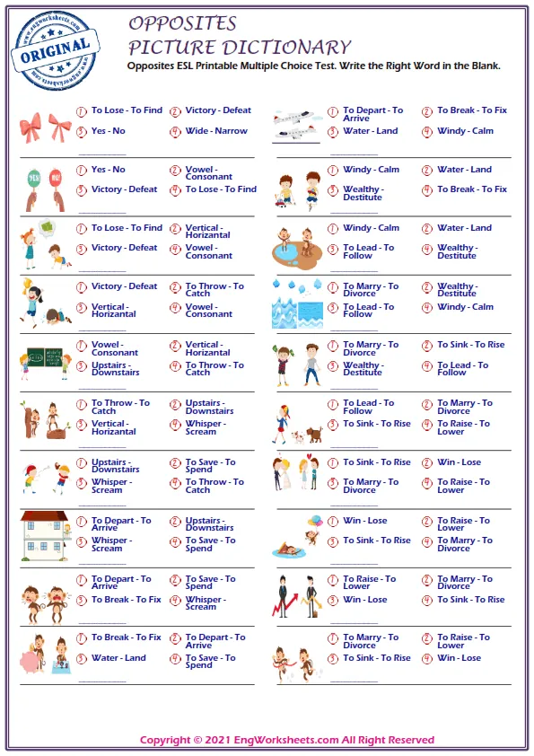 Opposites ESL Printable Multiple Choice Test. Write the Right Word in the Blank.