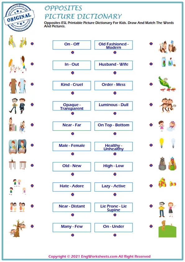 Opposites ESL Printable Picture Dictionary For Kids. Draw And Match The Words And Pictures. Worksheet Preview