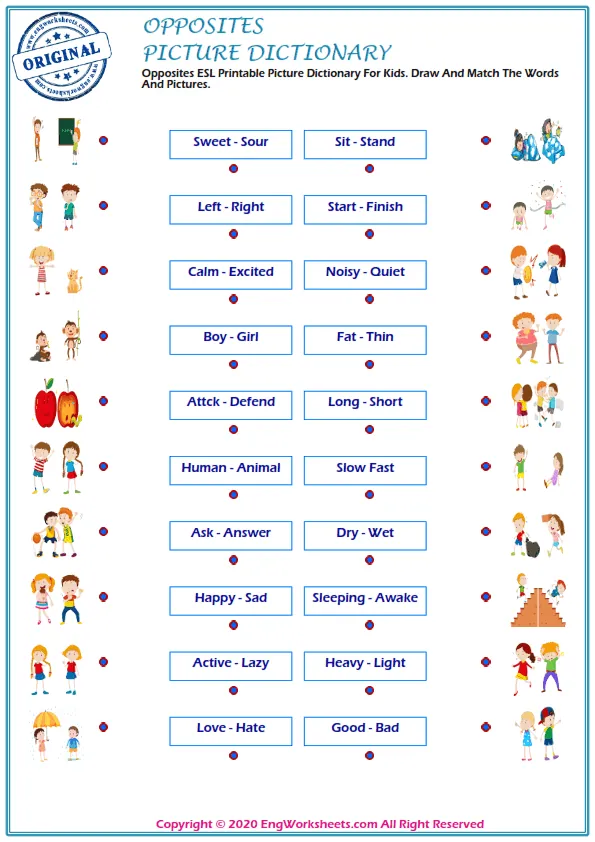Opposites ESL Printable Picture Dictionary For Kids. Draw And Match The Words And Pictures.