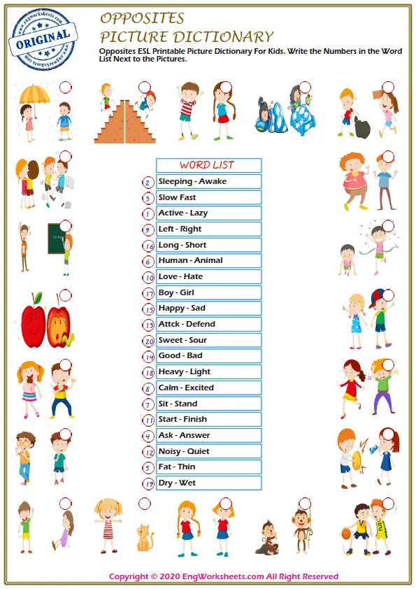 Opposites ESL Printable Picture Dictionary For Kids. Write the Numbers in the Word List Next to the Pictures.
