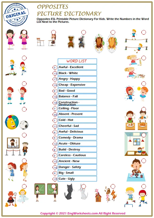 Opposites ESL Printable Picture Dictionary For Kids. Write the Numbers in the Word List Next to the Pictures. Worksheet Preview