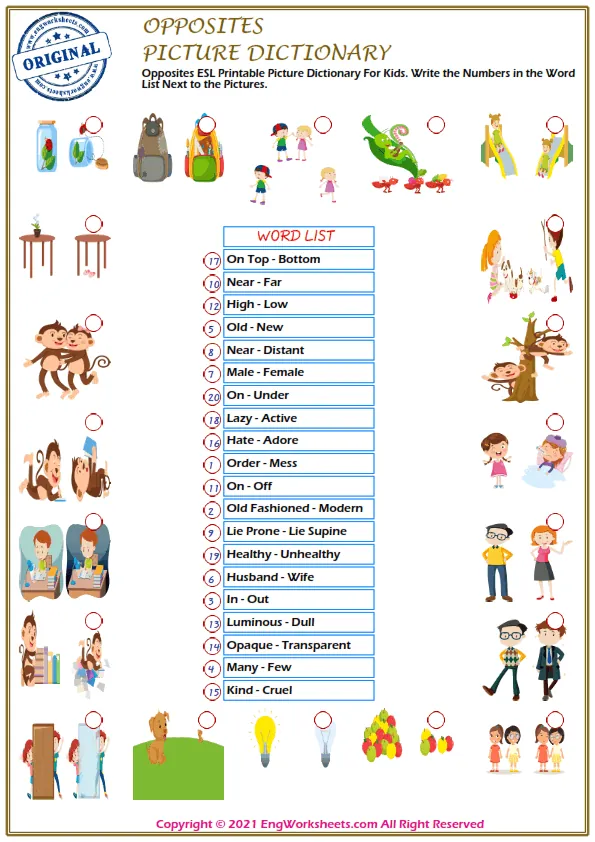 Opposites ESL Printable Picture Dictionary For Kids. Write the Numbers in the Word List Next to the Pictures. Worksheet Preview