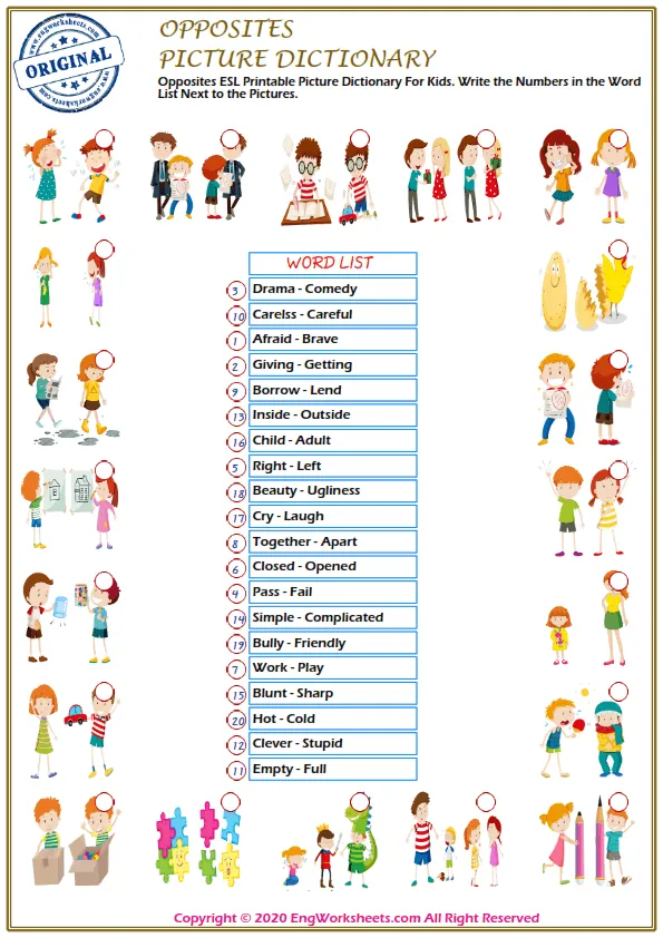 Opposites ESL Printable Picture Dictionary For Kids. Write the Numbers in the Word List Next to the Pictures. Worksheet Preview