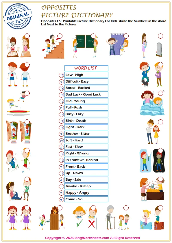 Opposites ESL Printable Picture Dictionary For Kids. Write the Numbers in the Word List Next to the Pictures. Worksheet Preview
