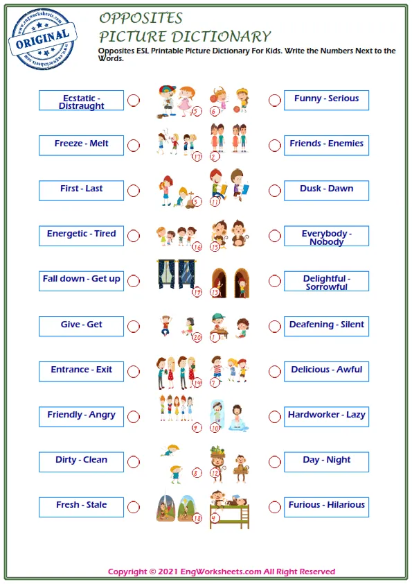 Opposites ESL Printable Picture Dictionary For Kids. Write the Numbers Next to the Words. Worksheet Preview
