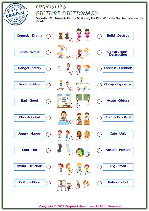 Opposites ESL Printable Picture Dictionary For Kids. Write the Numbers Next to the Words.
