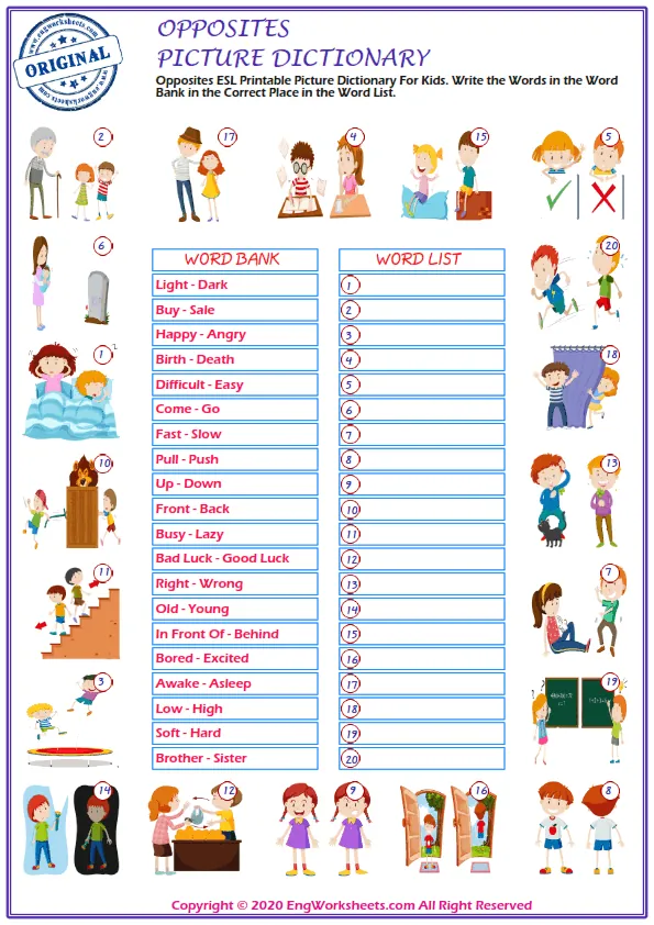 Opposites ESL Printable Picture Dictionary For Kids. Write the Words in the Word Bank in the Correct Place in the Word List.
