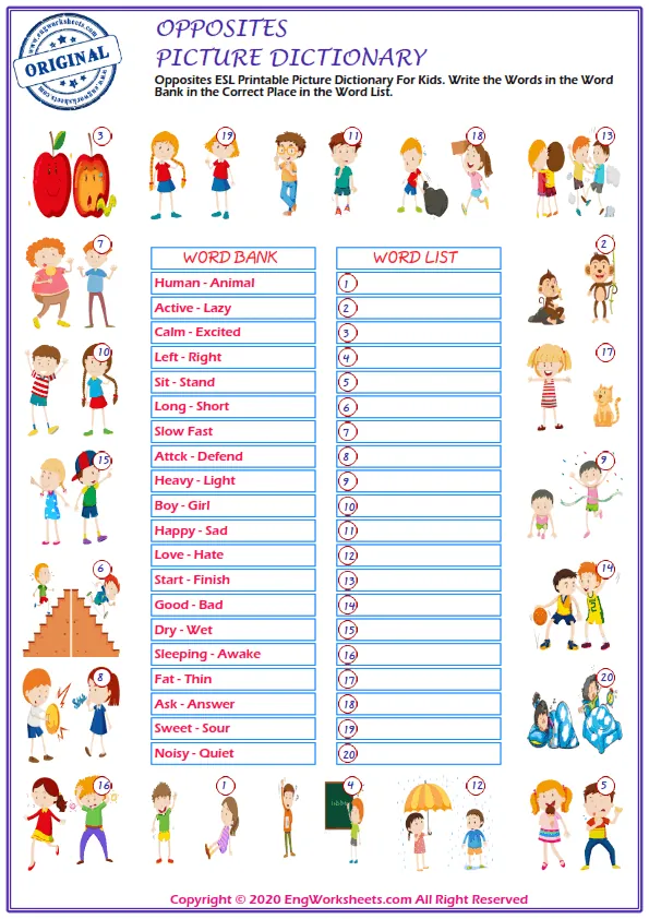 Opposites ESL Printable Picture Dictionary For Kids. Write the Words in the Word Bank in the Correct Place in the Word List.