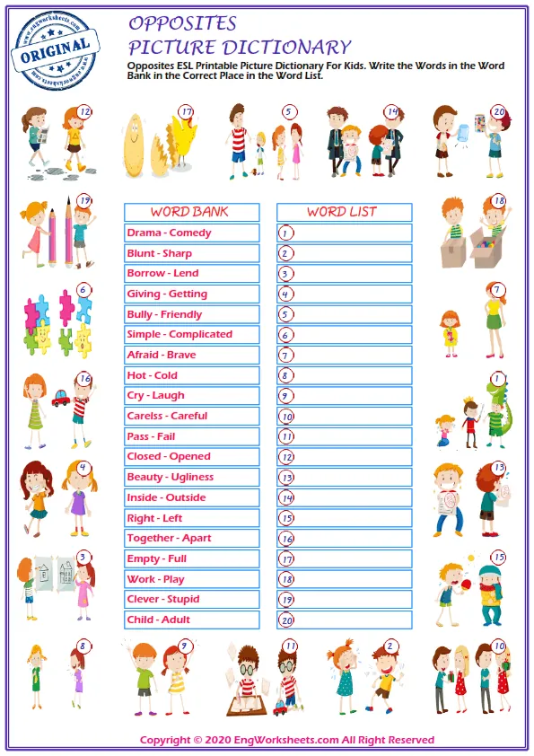 Opposites ESL Printable Picture Dictionary For Kids. Write the Words in the Word Bank in the Correct Place in the Word List. Worksheet Preview