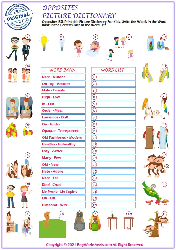 Opposites ESL Printable Picture Dictionary For Kids. Write the Words in the Word Bank in the Correct Place in the Word List. Worksheet Preview