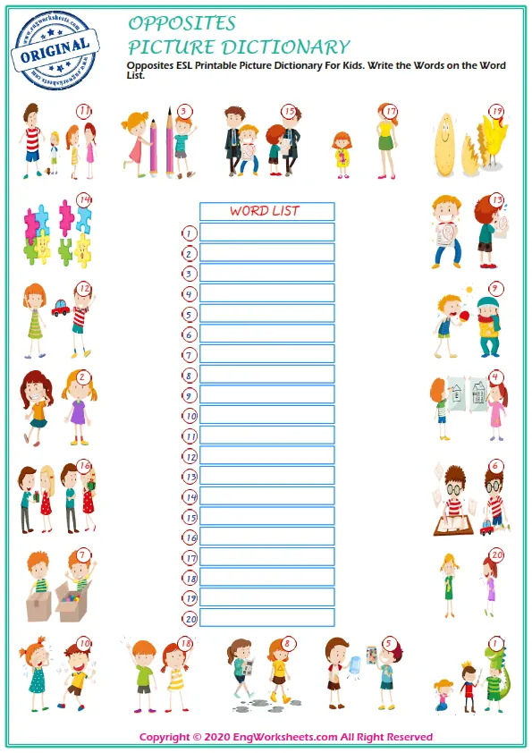 Opposites ESL Printable Picture Dictionary For Kids. Write the Words on the Word List. Worksheet Preview
