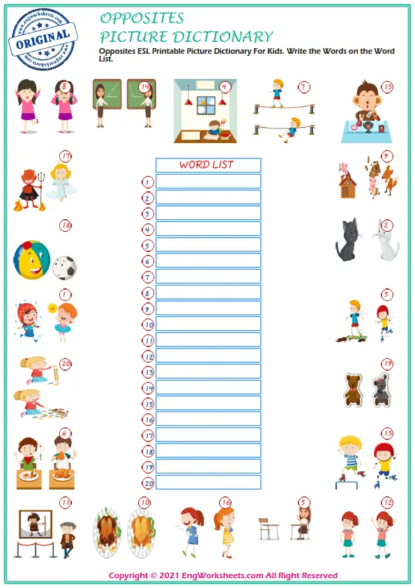 Opposites ESL Printable Picture Dictionary For Kids. Write the Words on the Word List.