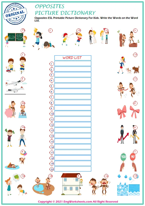 Opposites ESL Printable Picture Dictionary For Kids. Write the Words on the Word List. Worksheet Preview