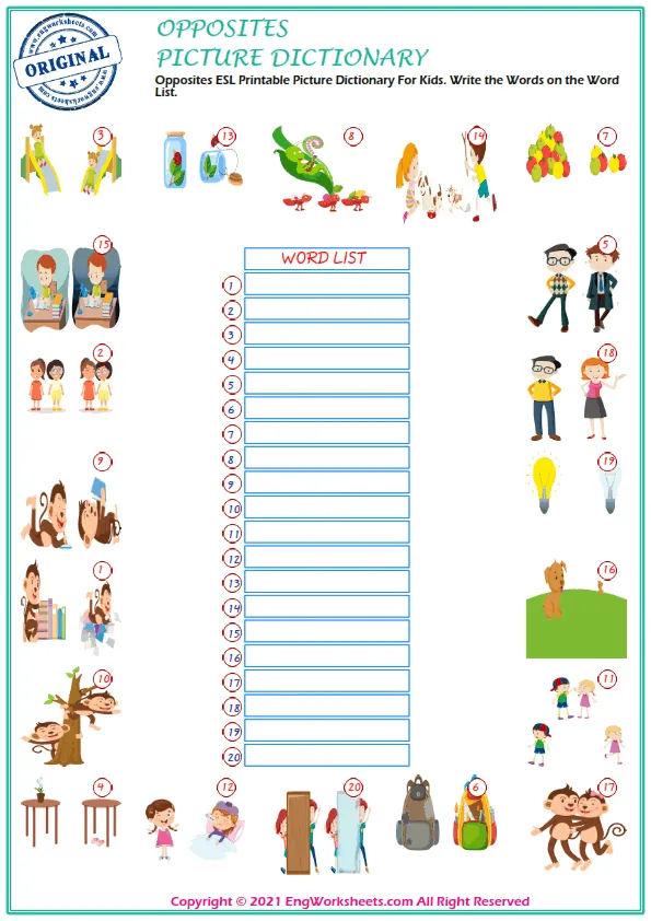 Opposites ESL Printable Picture Dictionary For Kids. Write the Words on the Word List. Worksheet Preview