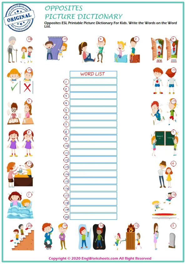 Opposites ESL Printable Picture Dictionary For Kids. Write the Words on the Word List. Worksheet Preview