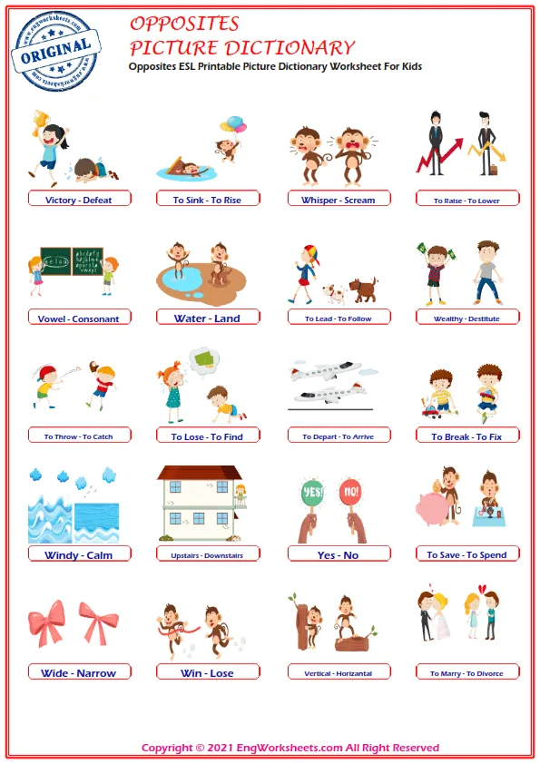 Opposites ESL Printable Picture Dictionary Worksheet For Kids Worksheet Preview