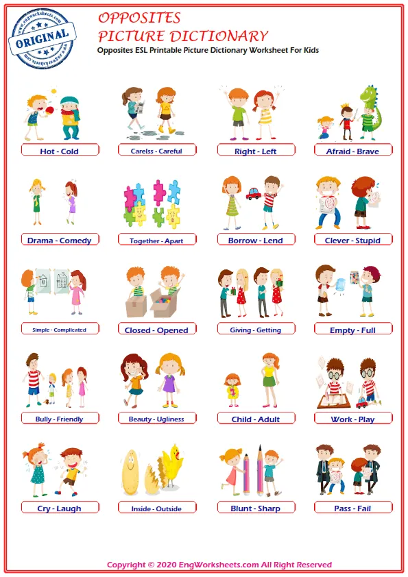 Opposites ESL Printable Picture Dictionary Worksheet For Kids Worksheet Preview