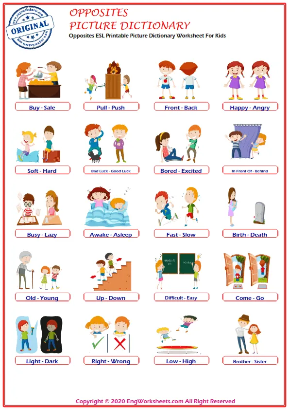 Opposites ESL Printable Picture Dictionary Worksheet For Kids Worksheet Preview