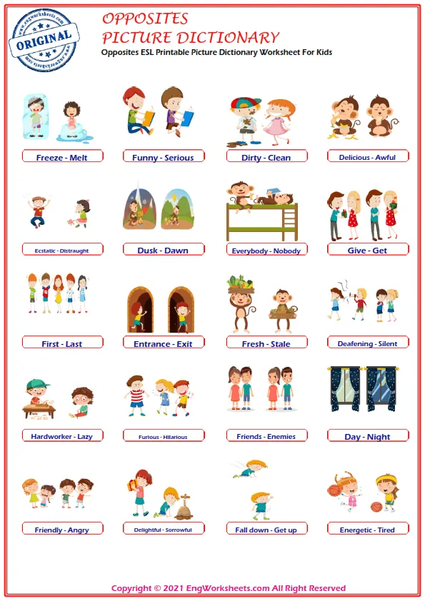 Opposites ESL Printable Picture Dictionary Worksheet For Kids Worksheet Preview